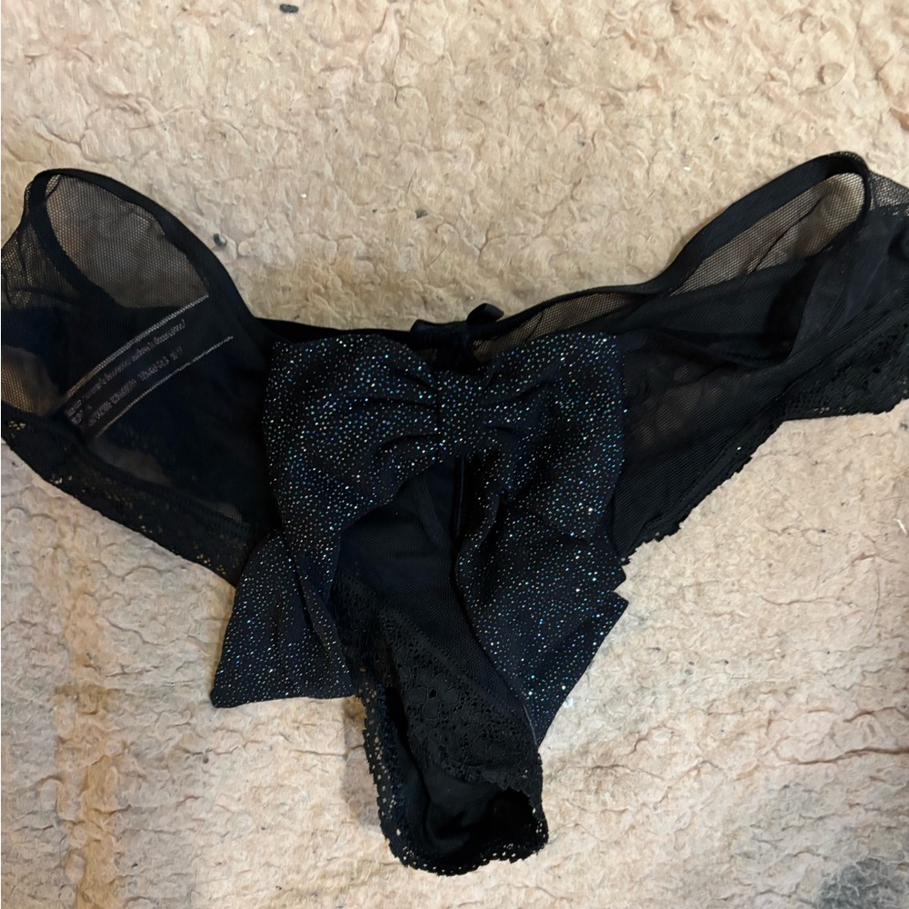 Victoria's Secret Black and Blue Sparkle Bow Panty Small
